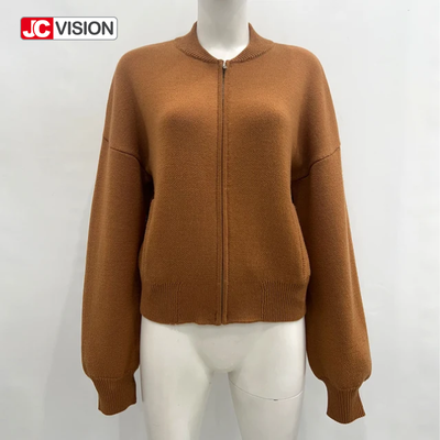 JCVISION Sonbahar Kış Kahverengi V Boynuzlu Uzun Kollu Fermuarlı Kadınlar